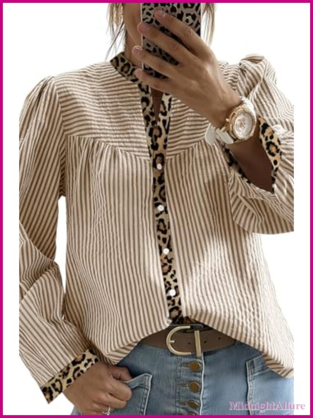 Women's Striped Long Sleeve Button Down Shirt with Leopard Patchwork